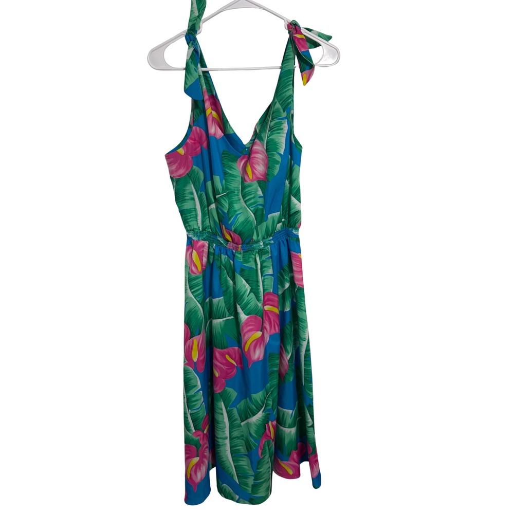 Hilo Hattie Midi Dress Hawaiian Tropical Floral Blue Tie Shoulder XL